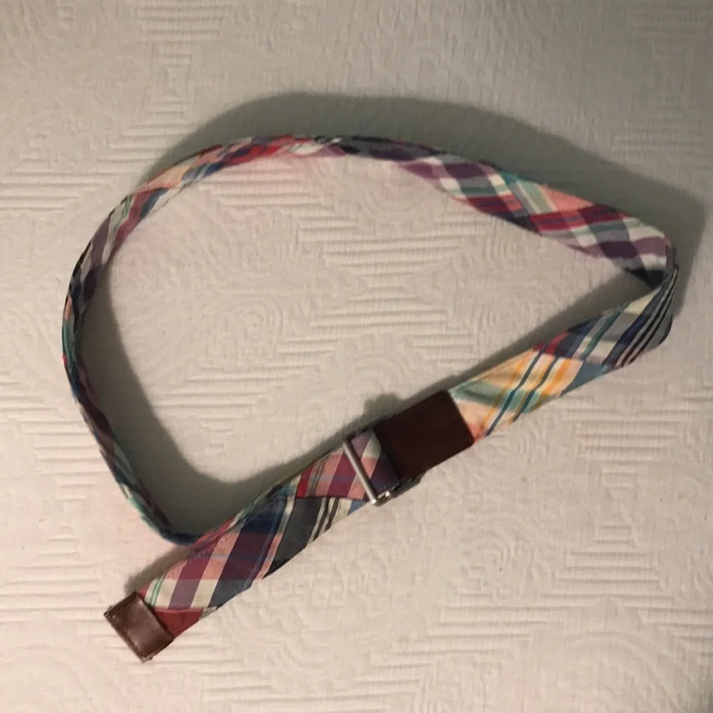 Brooks Brothers Preppy Plaid Fabric Belt with Brown Leather Accents Adjustable